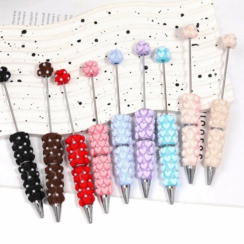 Pearl DIY Clay Heart Bead Pen Full Diamond Smooth Writing Flocked Heart Beaded Pen Handmade Glitter Bead Beaded Ballpoint Pen