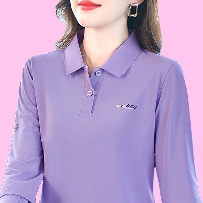 Fashionable Autumn Top Middle-aged Lapel T-shirt Polo Shirt New Long-sleeved T-shirt for Women Fashion Print