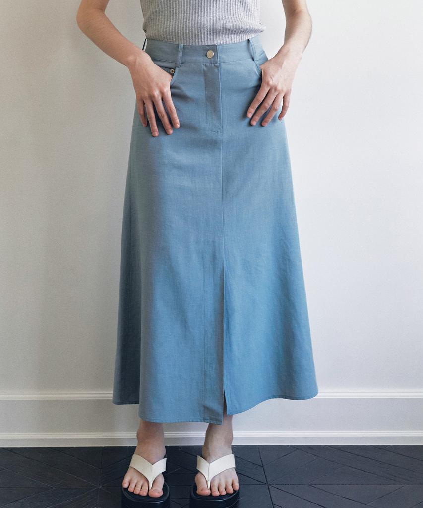 Roeil Cool Linen Flare Slit Long Skirt - Blue
