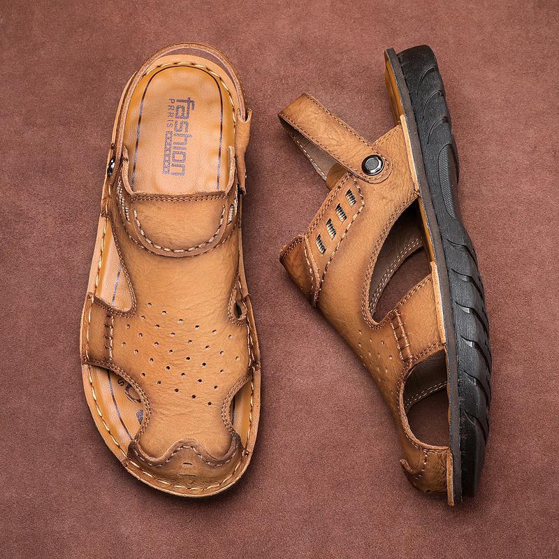 

Чоловічі шкіряні босоніжки першого шару з коров ячої шкіри на відкритому повітрі два носять круті тапочки 44 світло-коричневого кольору