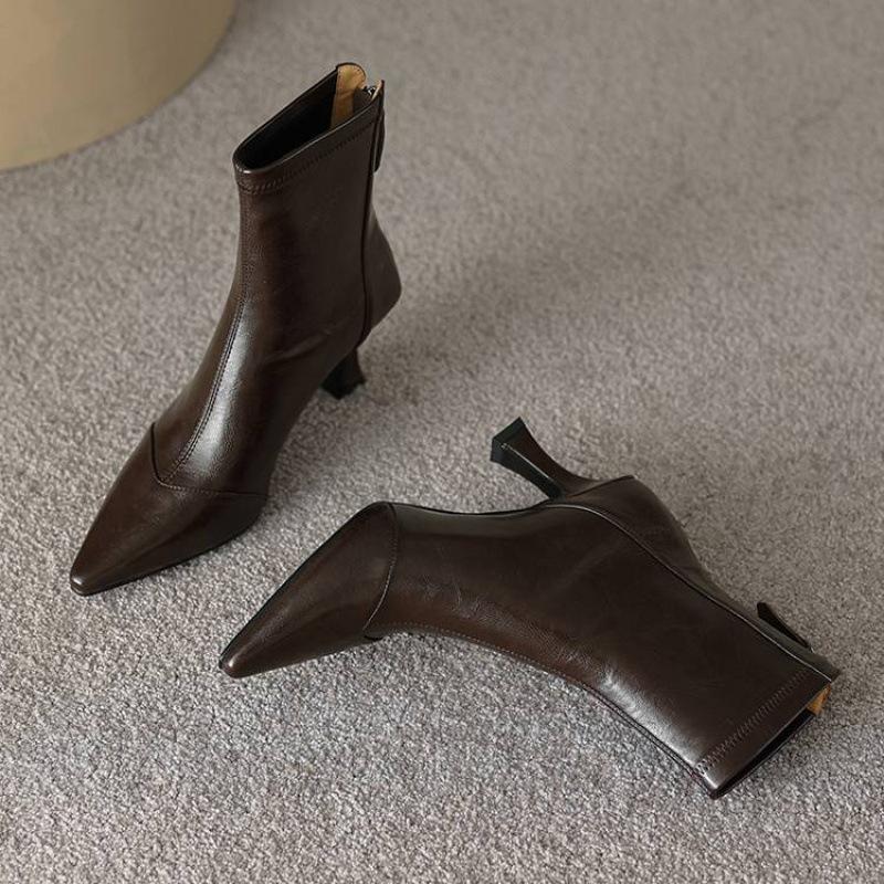 Neue, hochhackige Damenstiefel in großen Größen, mit Reißverschluss hinten, weicher Sohle aus Rindersehnenmaterial, komfortablem Reißverschluss hinten, einfarbigem, vielseitigem Stiletto-Stiefel mit mittelhohem Absatz.