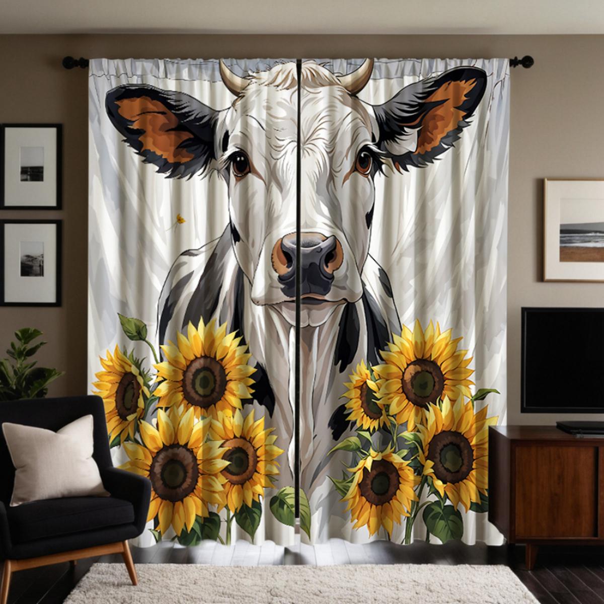 

2 шт. HD подсолнечника в коровьей декоративной занавеске белый галстук цифровая печать занавеска украшение дома стиль украшение гостиная W52H63inchW132H160cm