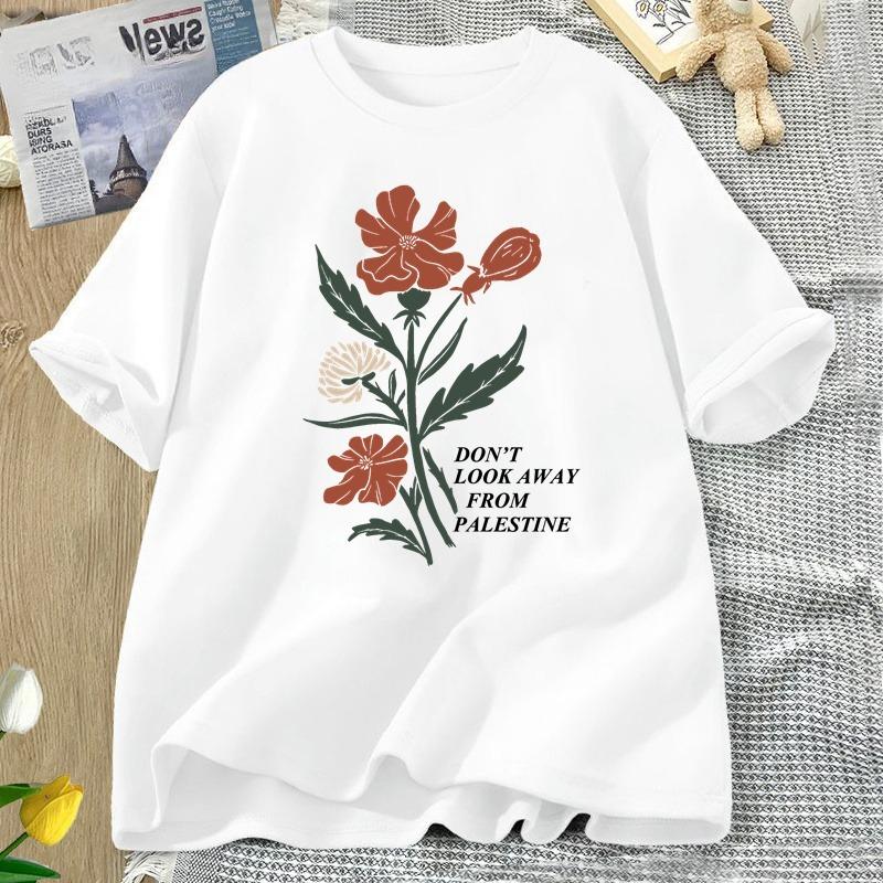 

Dont Look Away From Palestine Flag Tshirts Flowers Design T Shirt Womens Cotton Tshirt Summer Short Sleeve Tee Women Clothes S