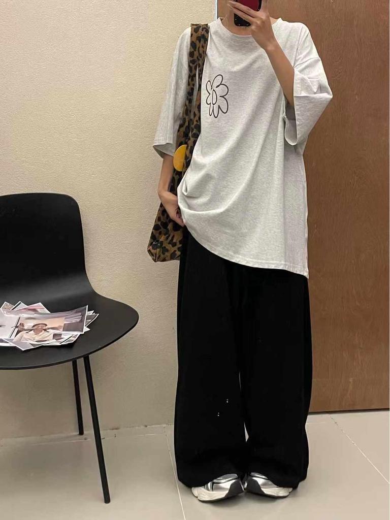 Da7 Women's Korean Style High Waist Wide-Leg Pants - Plus Size, Spring Casual, with Drawstring, Loose Fit.