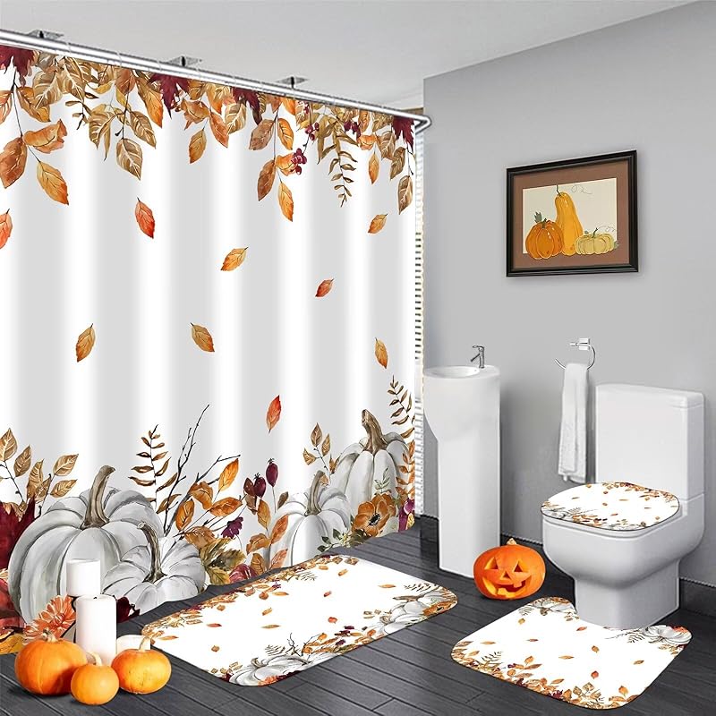 4PCS Christmas Fireplace Shower Curtain Sets, Christmas Tree Stocking Shower Curtain Sets with Rugs, Toilet Lid Cover and Bath Mat for Bathroom Set