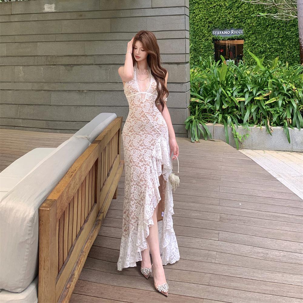Celebrity Sexy Lace Deep V-neck Neck Dress Three-dimensional Flower Thin Ruffle Edge Split Fork