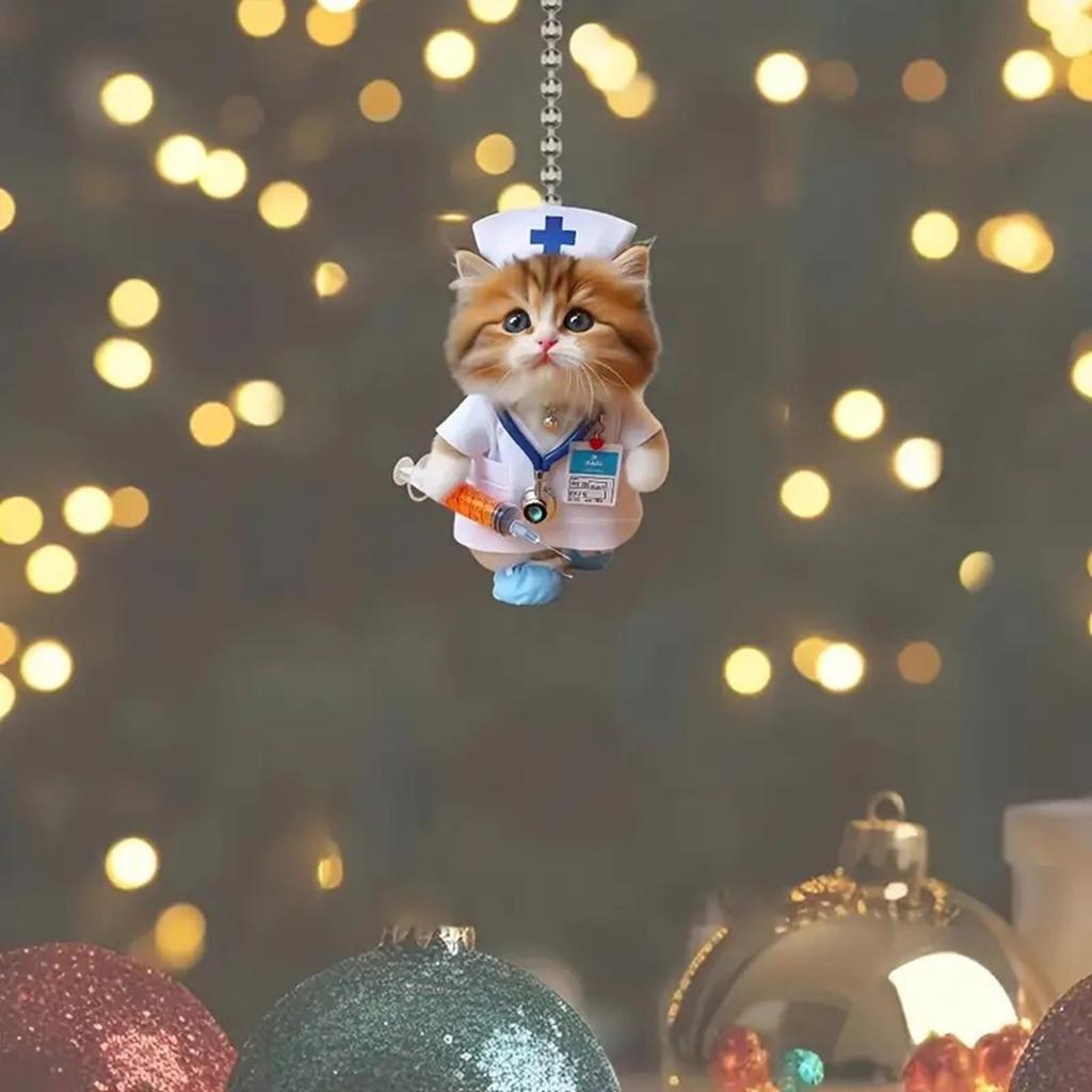 Playful Cartoon Feline Nurse Car Decoration Acrylic Hanging Charm With Sturdy Rope For Christmas Tree And Door Decoratio