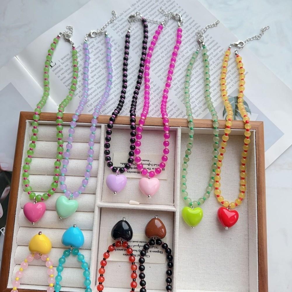 Acrylic Glass Beaded Chain Spring Summer Choker Necklace Fashion Heart Pendant Neck Accessories