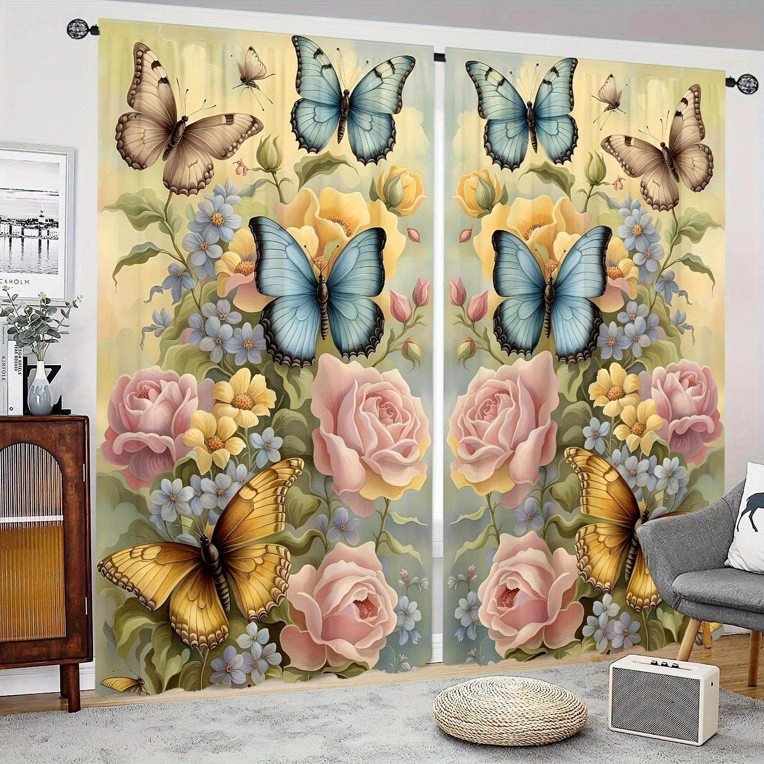 

2 шт. Пасторальные цветы бабочки напечатаны полупрозрачные шторы, гостиная игровая спальня многосценный полиэстер штанга карман декор 2x50W130H(CM)&hook