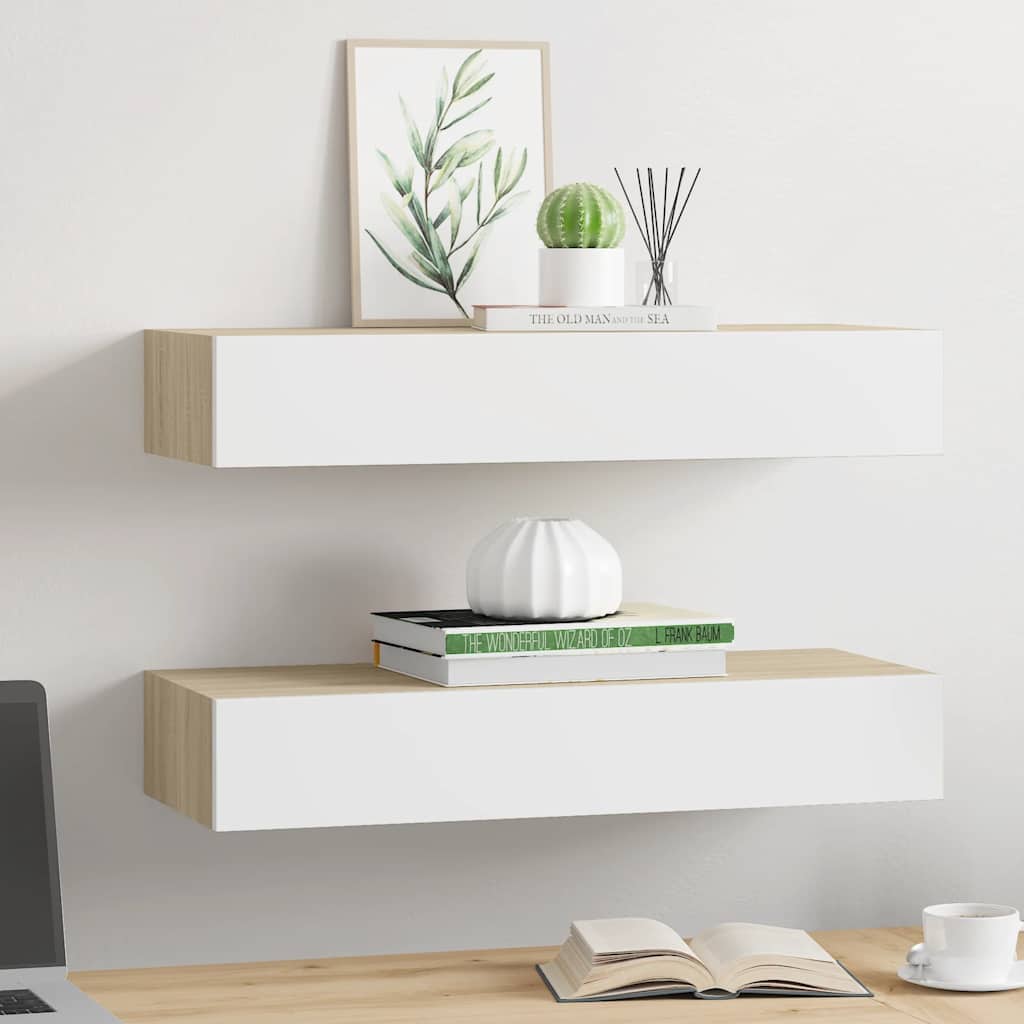 Vidaxl Półki Ścienne Z Szufladą 2 Szt., Dąb I Biel, 60X23,5X10 Cm, Mdf