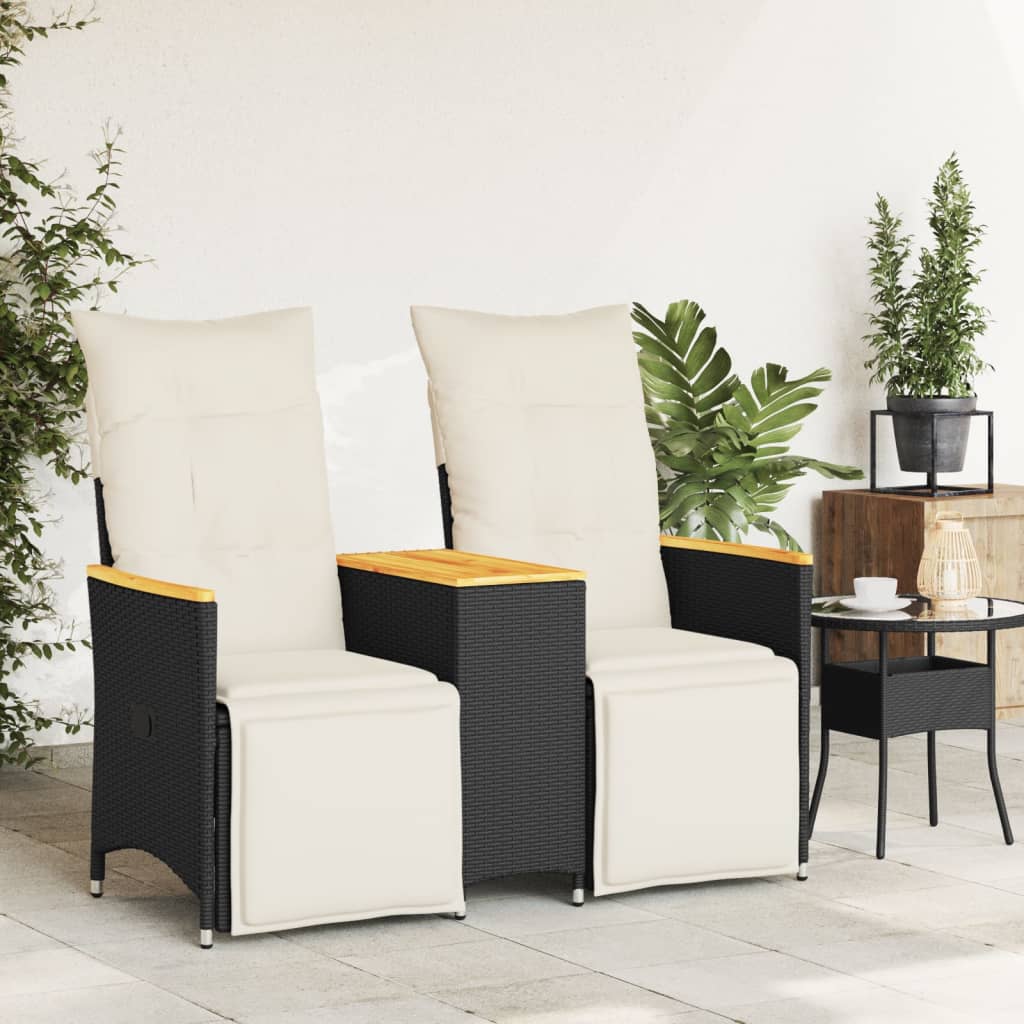 Garden Sofa 2 Seater Adjustable with Table Black Poly Rattan