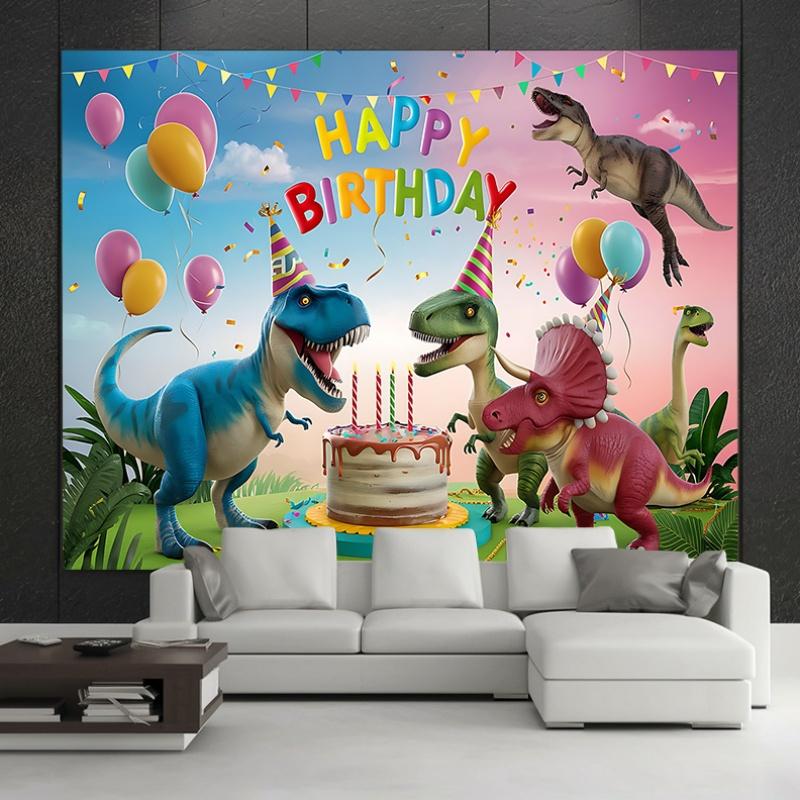 Party Backdrop Dinosaur Cartoon Text Balloons Festive Atmosphere Banne Photo Booth Decor Birthday Party Decor