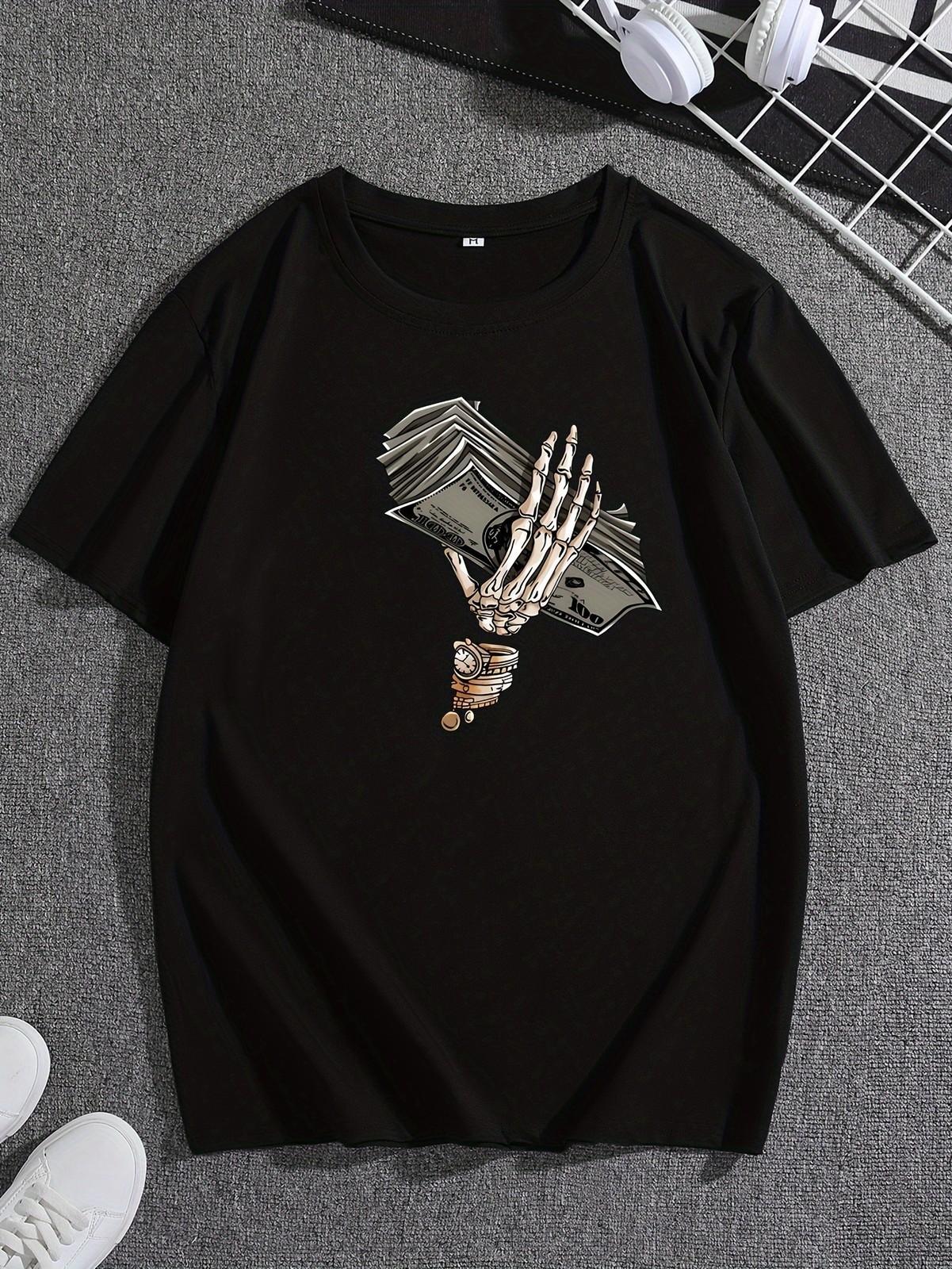 Men s Skeleton Money Graphic T-Shirt Skull Cash Streetwear Casual Tee S