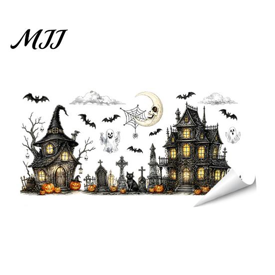Spooky Glass Stickers Halloween Window Static Sticker, Ghost Castle Black Cat Print Decals, Creative Gift for Friends Waterproof PVC Cling