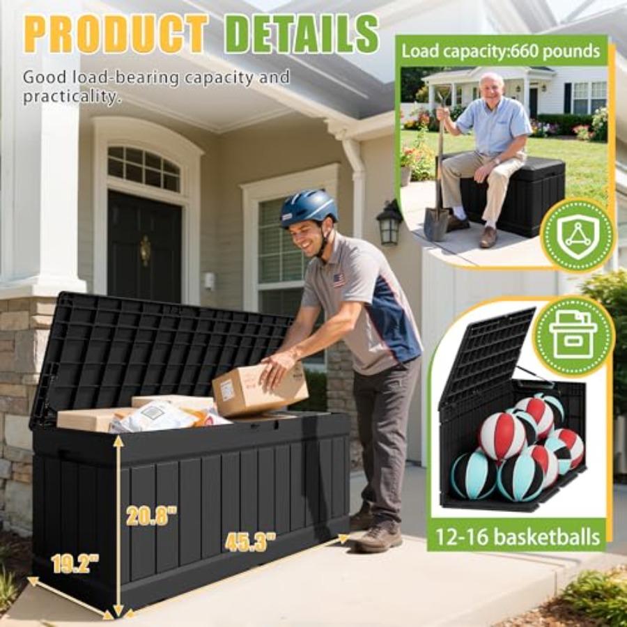 82 Gallon Outdoor Storage Box with Lid for Patio Furniture Garden Tools Pool Supplies Waterproof UV Resistant Lockable Black