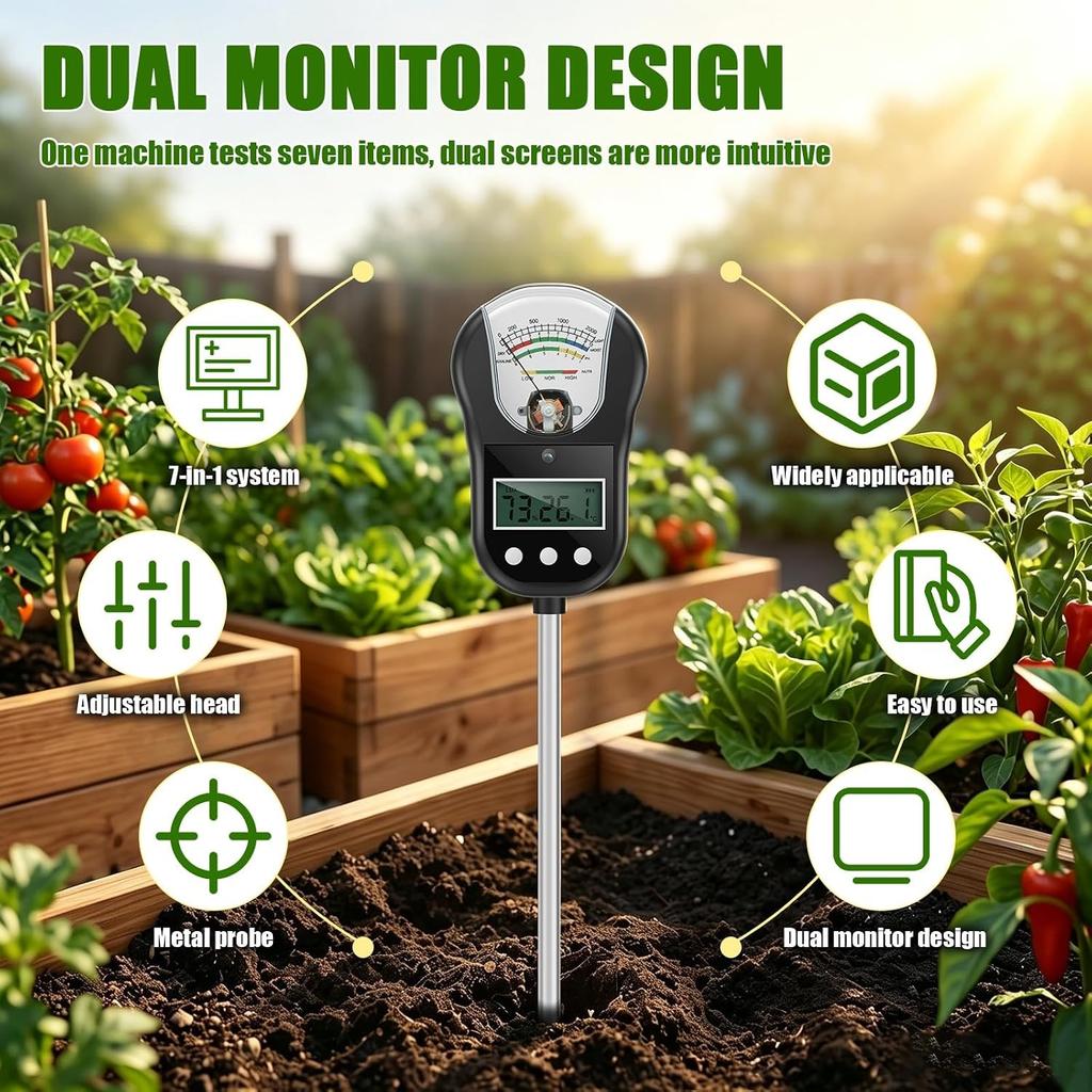 Portable 7-in-1 Soil Moisture Meter, Dual Display Plant Tester with 90° Adjustable Head, Measures Moisture/pH/Fertility/Light/Soil & Air Temp/Humidity