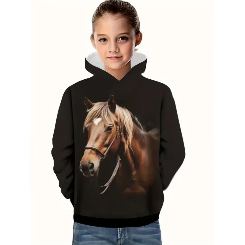 Vêtements Cool pour Filles Équestres Animaux Impression 3D Automne Sweats à Capuche Manches Longues Amples Légers Sweat Confortable Vêtements pour Enfants