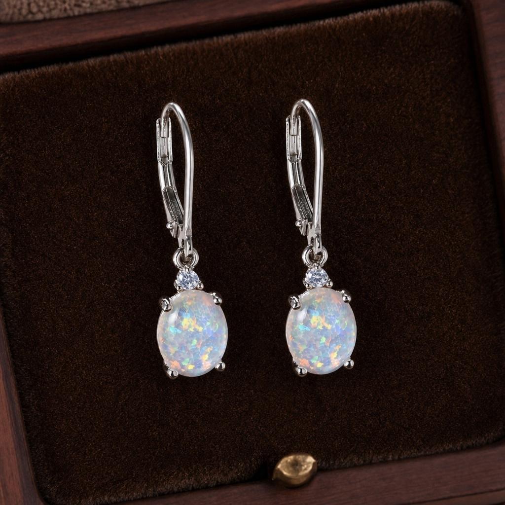Opal Earrings with Micro Pave Cubic Zirconia Leverback Closure Copper Base with Platinum Plating Durable Design for Everyday Wear