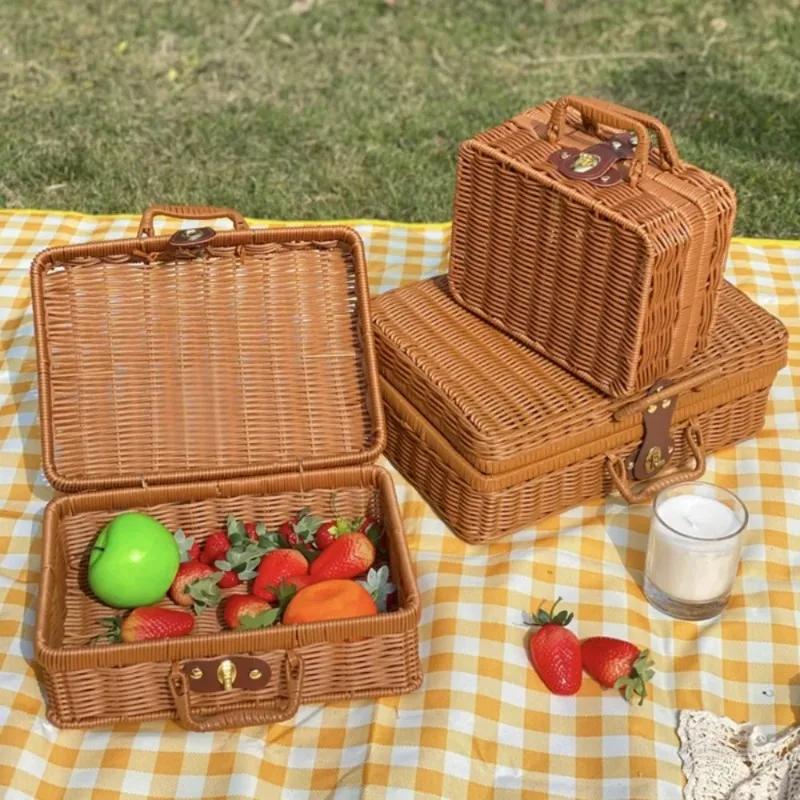 Retro Handwoven Storage Box Travel Picnic Suitcase Imitation Rattan Woven Storage Home Sundries Organizer Basket Decorative Prop