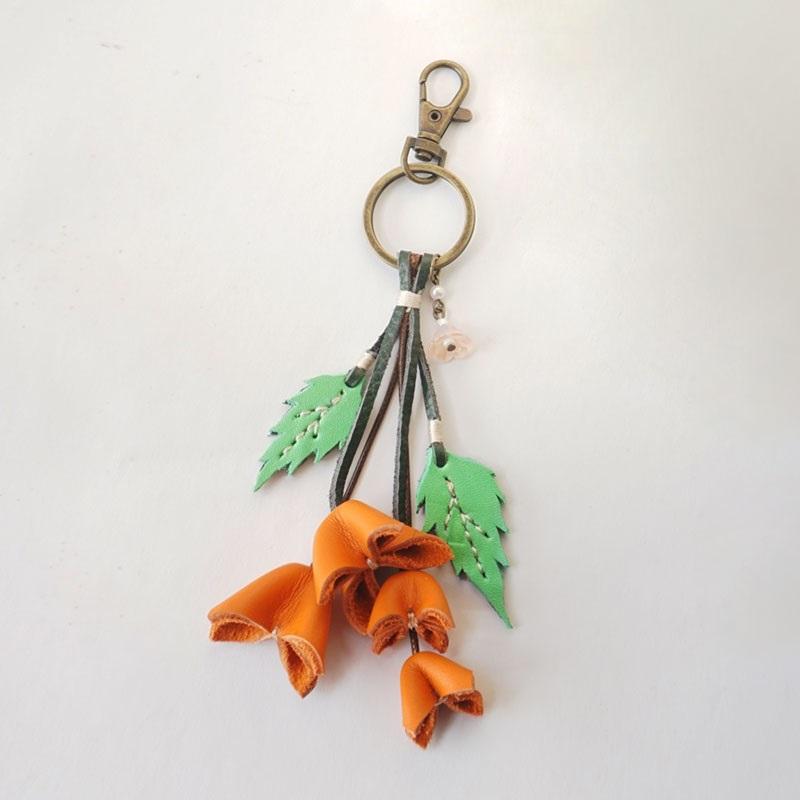 Handmade Genuine Leather Keychain with Flowers and Leaves, Bag Accessory