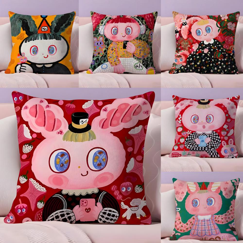 Cute Rabbit Cartoon KKima Artist Pillow Case Silky Short Plush With Invisible Zipper Dustproof Sofa Cushion Cover