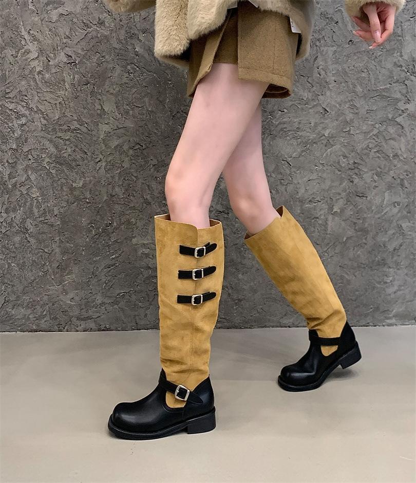 

Отличные, легкие в носке, модные, с сочетанием цветов, в стиле ленивого ветра, рыцарские сапоги 2025 осень и зима, новинка, с круглым носком, толстым каблуком, ремешком с пряжкой, высокие сапоги 39 хаки