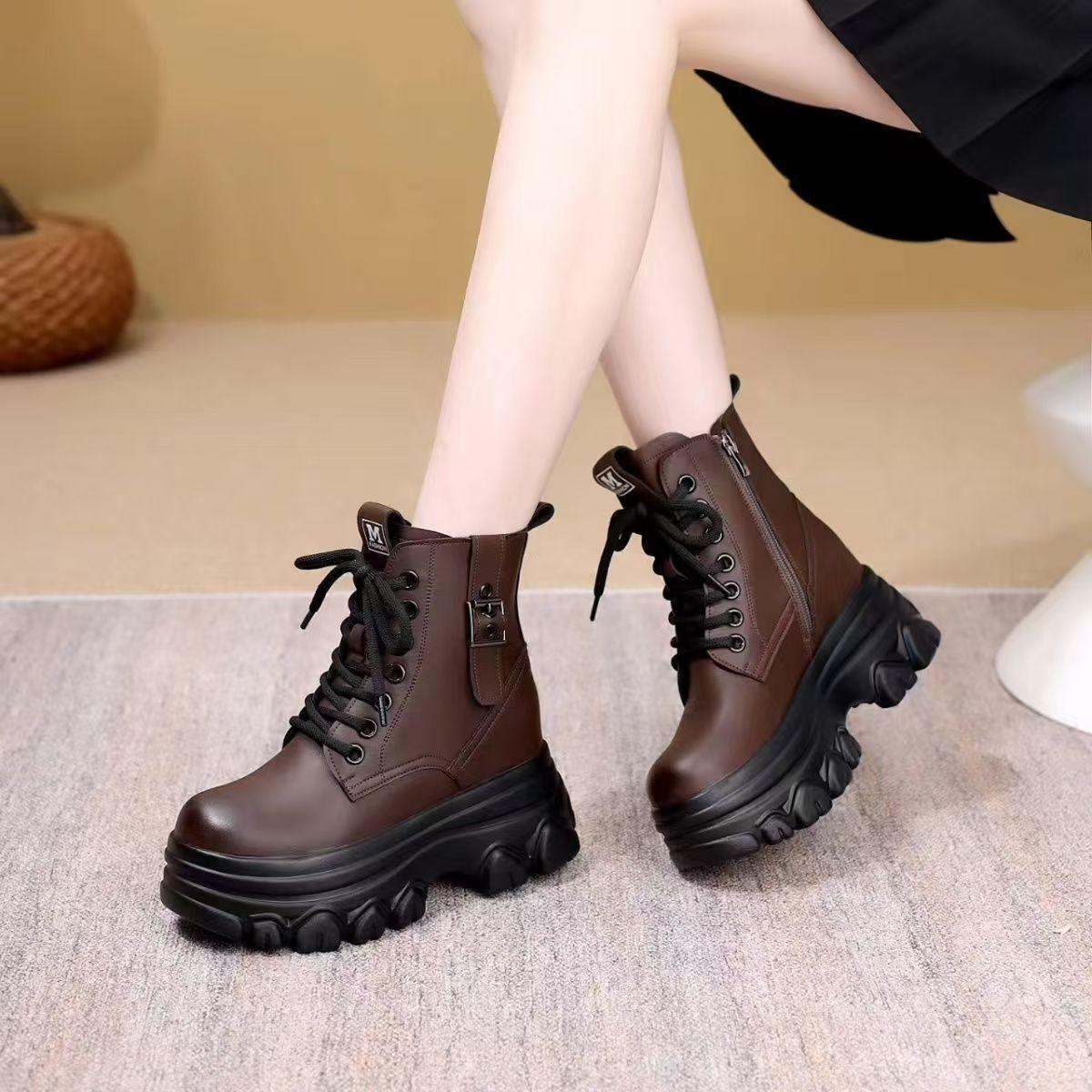 

Женские короткие сапоги с увеличенной толстой подошвой, короткие сапоги с толстой подошвой в британском стиле, модные короткие сапоги из хлопка 38