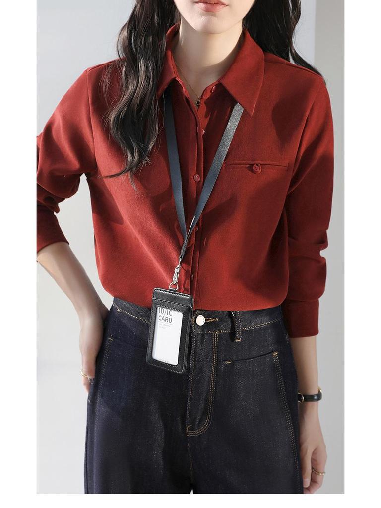 Women's Retro Red Lapel Shirt - 2026 Spring/Autumn Brushed Long Sleeve Top