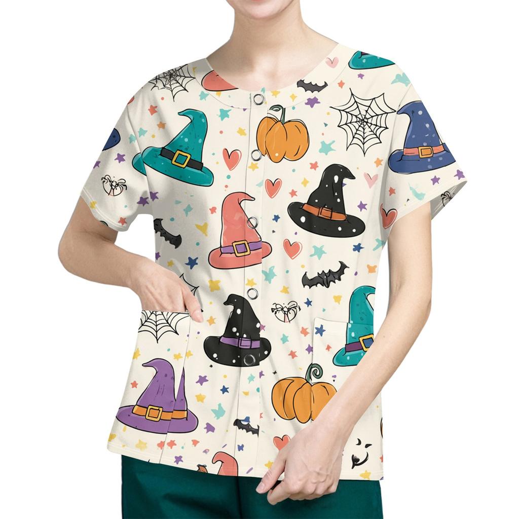 Women's Short Sleeved Patterned Pockets, Work Print Stand Up Collar, Single Breasted Protective Clothing, Cardigan Jacket, Top