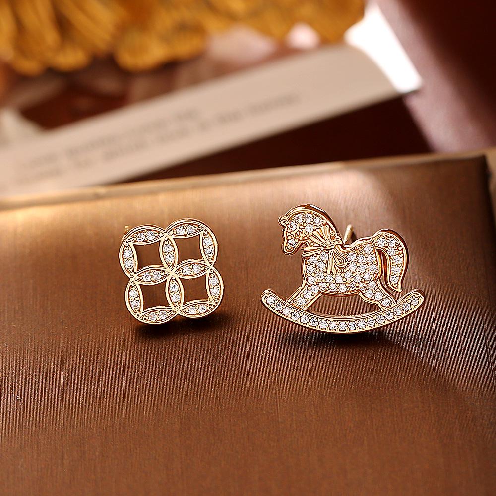 Asymmetrical Zodiac Horse Stud Earrings - High-End Fashion, Micro-Paved Diamond, Exquisite New Chinese Style Jewelry