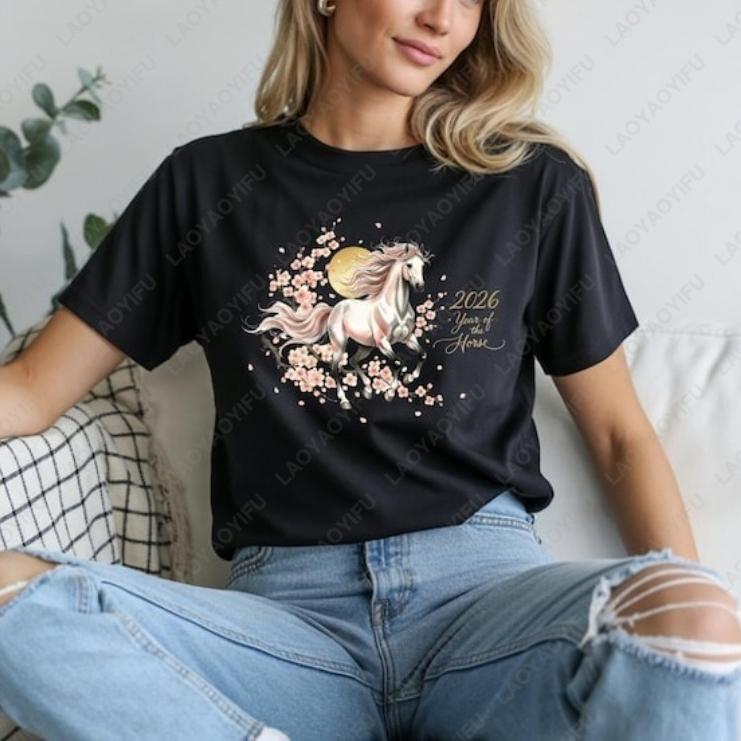 Year of The Horse 2026 TShirt Retro Cherry Blossom Lunar New Year Tee Ropa Mujer Festival Graphic Oneck Tee Clothes for Women