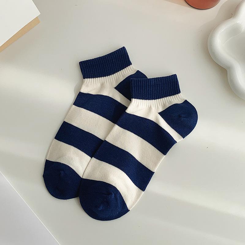 Striped socks for women, low-top ship socks, breathable navy style sports cotton socks, spring and autumn short-sleeved women's socks
