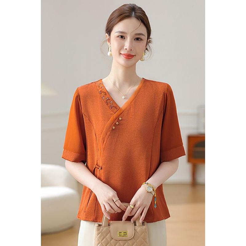 

Women s New Patchwork Pullover V-neck Button Embroidery Fashionable Solid Color Versatile Casual Short-sleeved Top XL помаранчевий