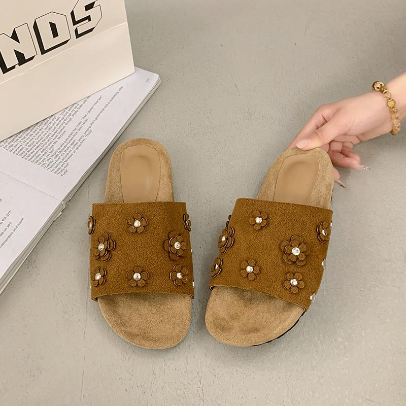 New Style Luxury Slippers Women Cow Suede Leather Peep Toe Rivet Floral Solid Designer Flats Autume Ladies Shoes Zapatos Mujer