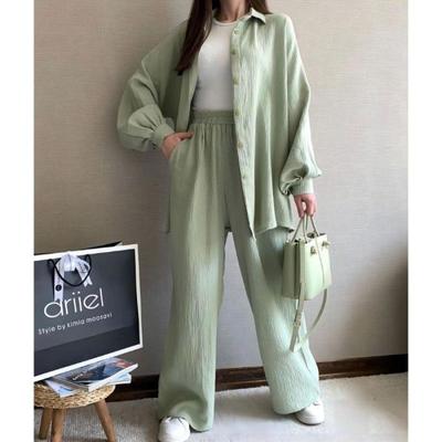 Two-Piece Long-Sleeve Lapel Shirt & Elastic Waist Trousers Suit