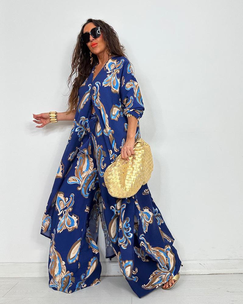 2025 Autumn New Women's Lapel Print Medium and Long Top Wide-leg Pants Two-piece Set