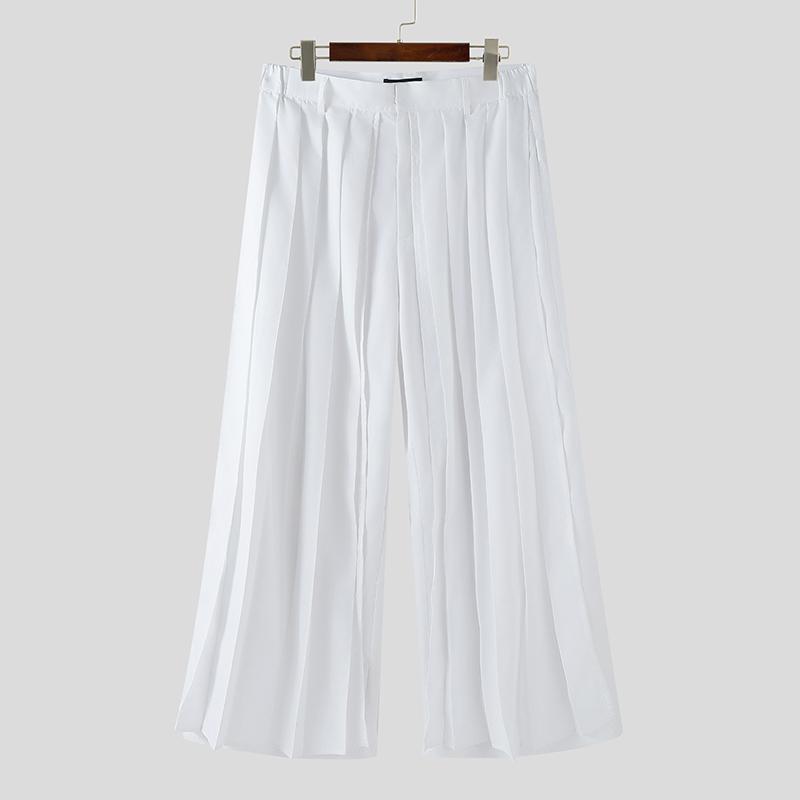 INCERUN Men Solid Color Zipper Waist Pleated Layers Casual Wide Legs Pants Trousers