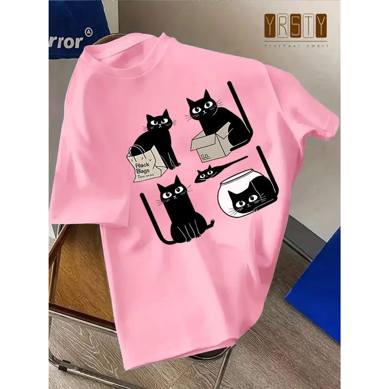 European sizes The T-shirt Features a Cute and Fashionable Design with Five Black Cats Sitting on a Shopping Bag, Cardboard Box