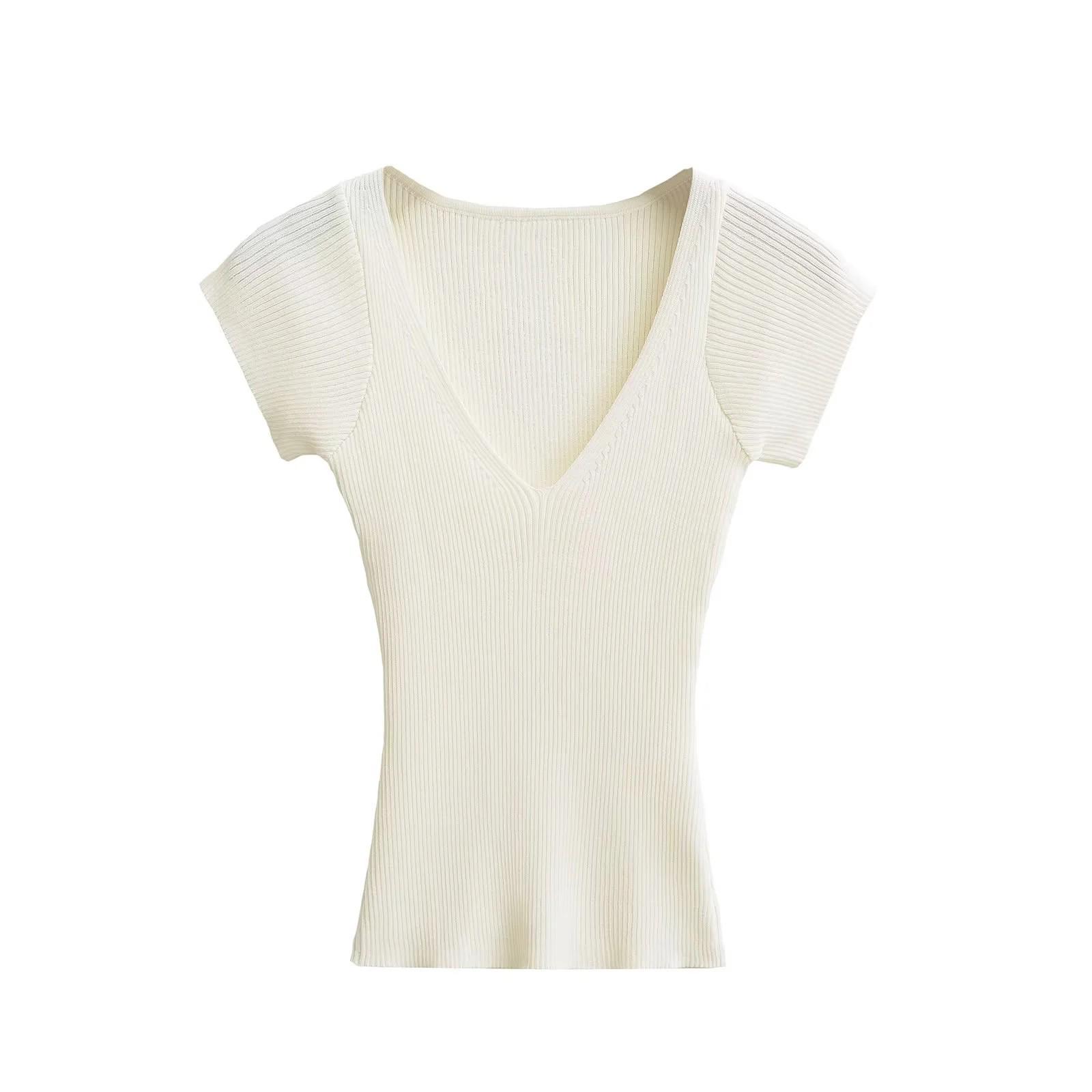 

2025 Summer Women s Ice Silk Knit T-shirt: Light, Soft, Ribbed, Fly Sleeve, Slim Fit Large абрикосовый света