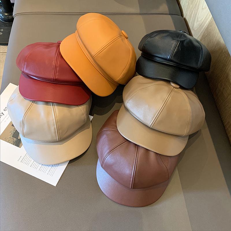 Women's Black PU Leather Duckbill Cap: Autumn/Winter British Newsboy Hat, Korean Style Beret.