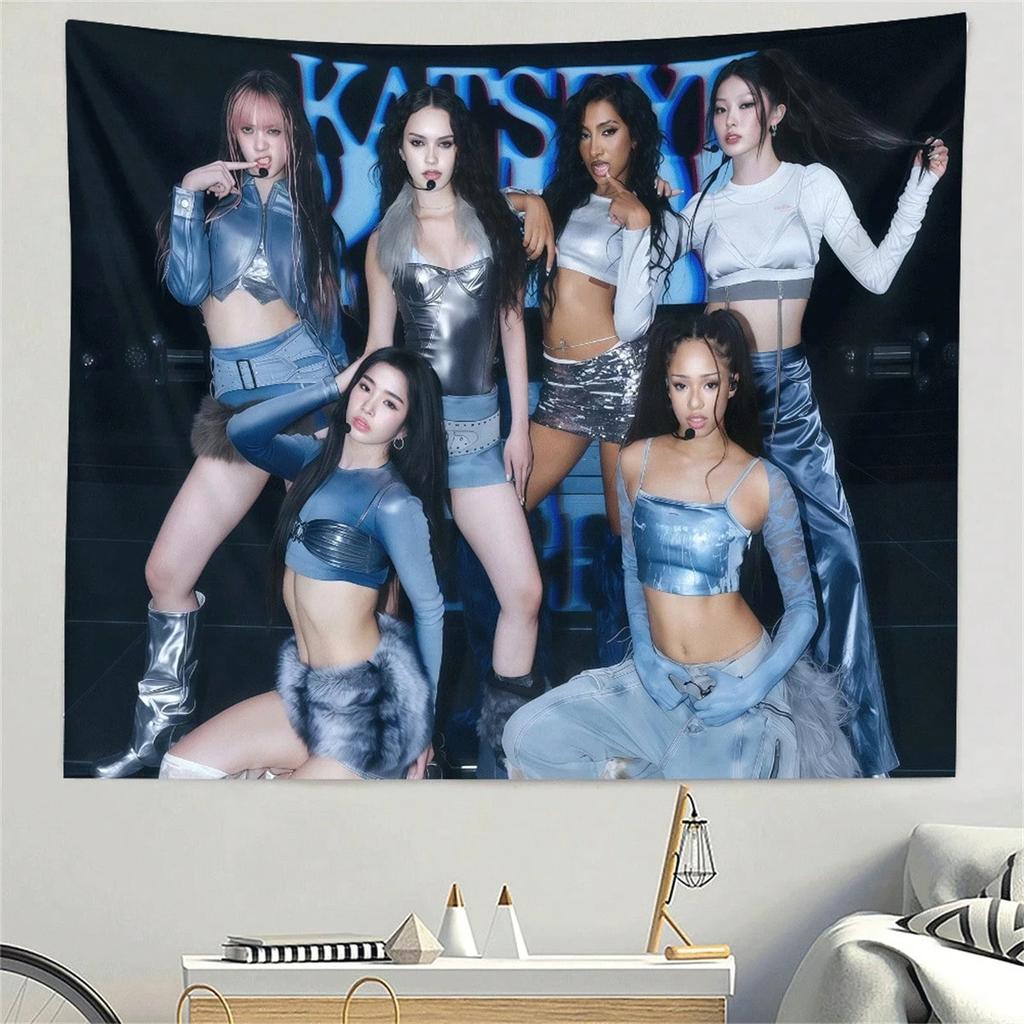 1pc Katseye Girl Group Graphic Tapestry Polyester 2D Flat Wall Decor for Bedroom Living Room Edgy Kpop Home Decoration Gift