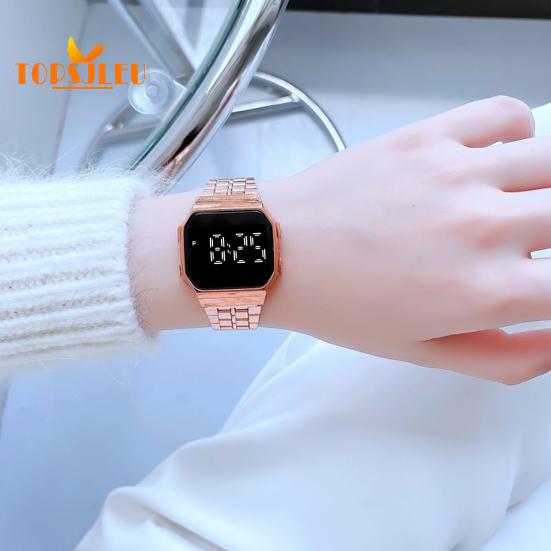 Electronic LED Display Watch: Battery Operated, Touchscreen, Square Steel Band - Perfect for Men, Women, and Students