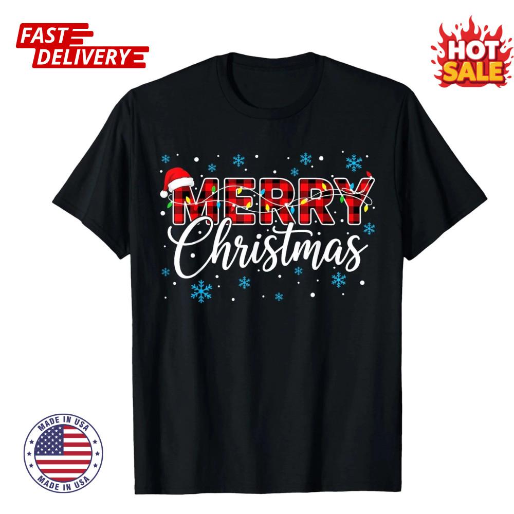 Merry Christmas Buffalo Plaid Santa Hat T-shirt Mens Womens Xmas Graphic T-Shirt XXL