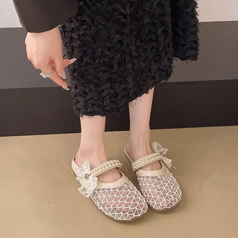Fashion Pearl Bow Baotou Slippers for Women In Summer 2025 New Comfortable Soft Flat Bottom Lazy Mesh Cool Mat