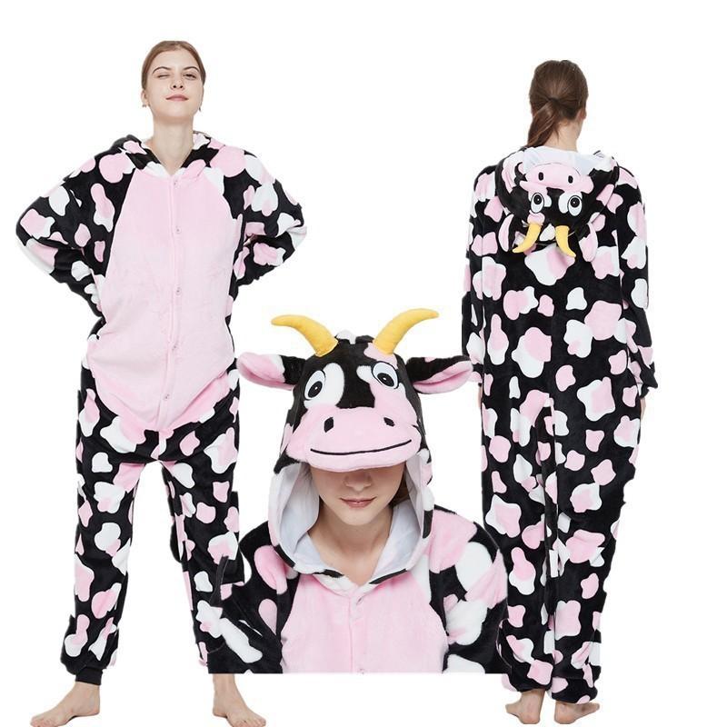 Cozy Cartoon Fleece Onesie Pajamas Couples Winter Home Sleepwear With Cow Nezha Capybara Disney Characters