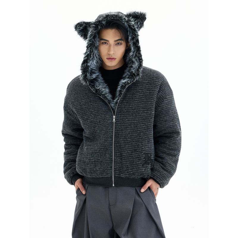 Kisko Winter American-Style Mountain Carving Striped Embroidered Warm Cotton Jacket for Men and Women, Trendy Brand Loose Padded Hooded Coat