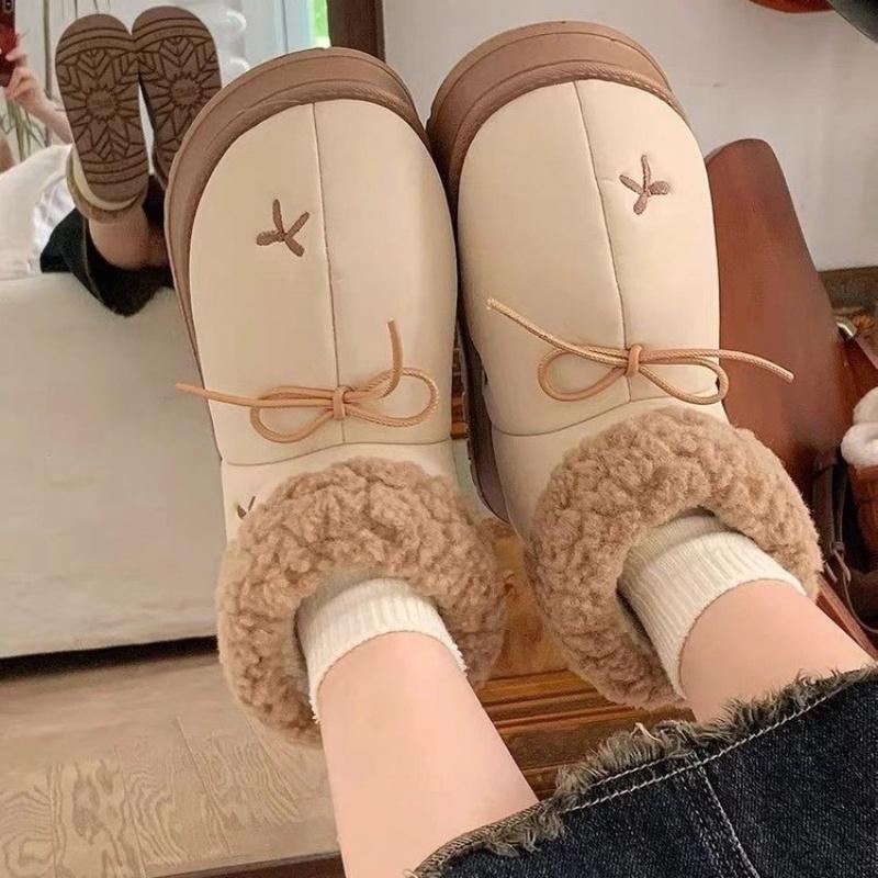 

Ботильоны женские на меховой платформе с бантом, короткие, плюшевые, теплые, на плоской подошве, зима 2025, новые трендовые кроссовки, нескользящие, зимние ботинки Mujer 35