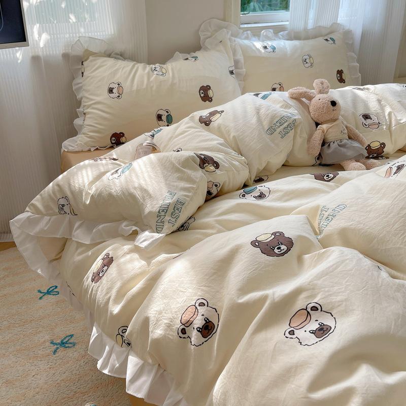 

Приятный для кожи кружевной стираный хлопок комплект из четырех предметов комплект из трех предметов для спальни простыня пододеяльник постельное белье 1.2m bed