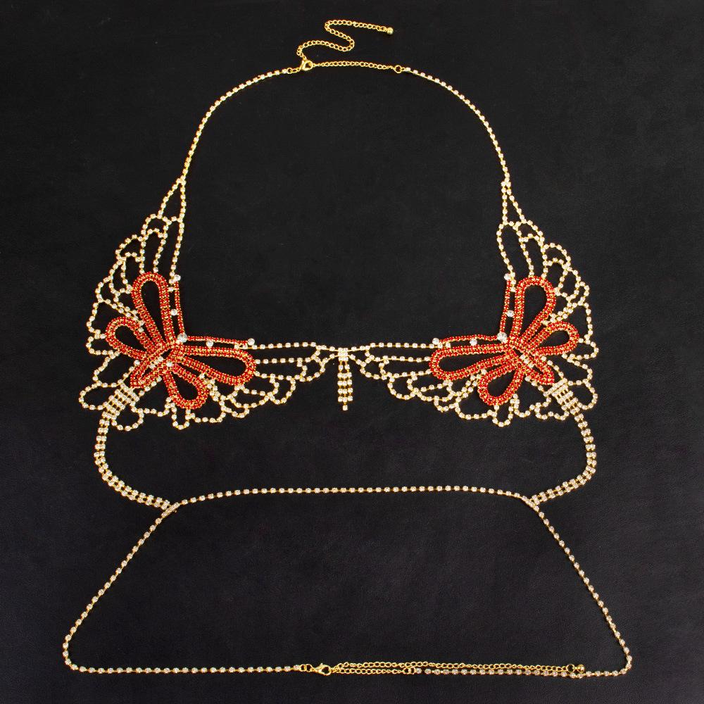 Red Butterfly Rhinestone Body Chain Bikini Bra for Nightclub and Beach