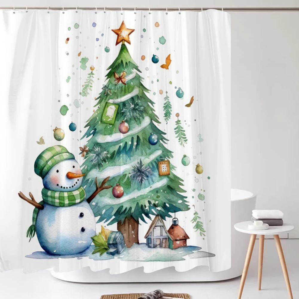 Christmas Shower Curtain Santa Claus Winter Christmas Tree Polyester Colorful Bath Curtain Home Bathroom Decor Curtain With Hook